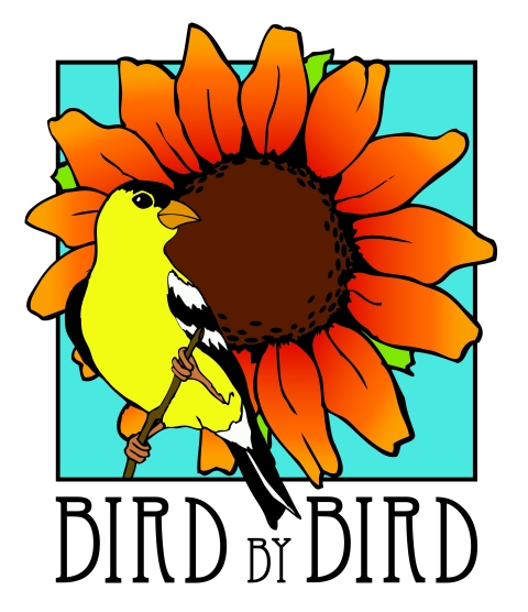 A bright orange flower drawing with a yellow goldfinch and the words, "Birb by Bird"