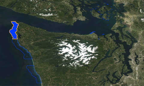 Satellite View of the Olympic Peninsula, Flattery Rocks NWR Highlighted