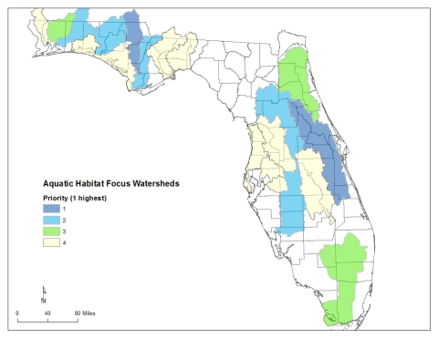 Map showing priority areas for supporting private land conservation in Florida. Call (904) 731-3336 for more information. 