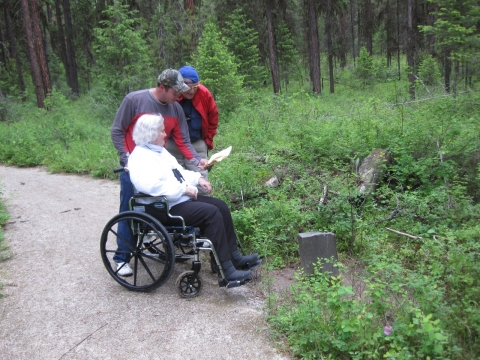 Woman in a wheelchair and two other male hikers compare a plant along a paved trail to a guidebook.