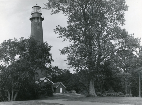Black and white photo of Assateague Lighthouse before it was painted