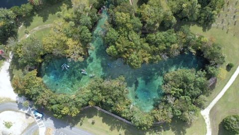 Aerial View showing clear-blue springs and vegetation 