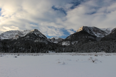 A cold snowy partly cloudy morning with snowy mountain background is shown.