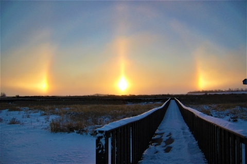 Litchfield Wetland Management District boardwalk on a snowy landscape with sun dogs in the sky. 