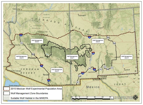 Map displaying the area for Mexican Wolf experimental populations between New Mexico and Arizona.