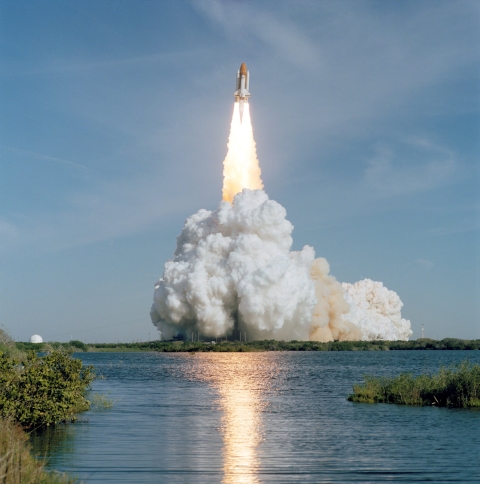 An image of the Space Shuttle Columbia launching on its sixteenth mission.