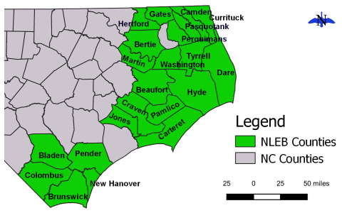 Map of eastern North Carolina showing 22 counties in green where the northern long-eared bat has been found.