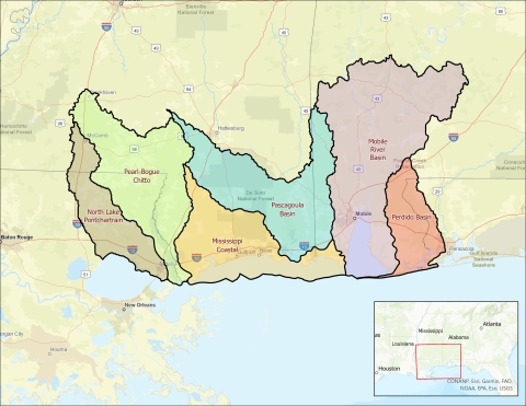 Northern gulf coastal program priority boundaries map from left to right; North Lake Pontchartrain, Pearl-Bogue Chitto, Mississippi Coastal, Pascagoula Basin, Mobile River Basin, Perdido Basin