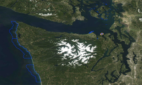Satellite View of the Olympic Peninsula, Protection Island NWR Highlighted