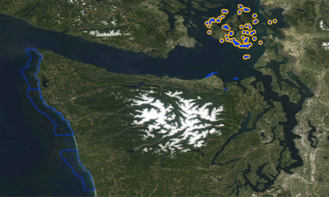 Satellite View of the Olympic Peninsula, San Juan Islands NWR Highlighted