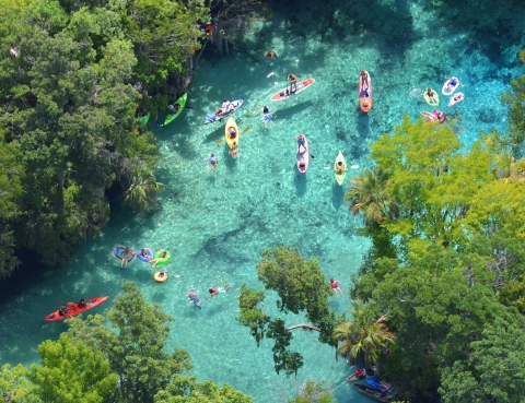 Aerial view of paddle craft and swimmers visiting Three Sisters Springs 
