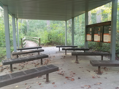 A close-up image of a pavillion with several benches and an interpretive panel. A forest and a boardwalk can be seen in the background beyond the pavillion