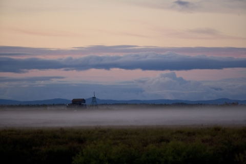 early morning view of a wooden cabin with pastel sky and mist