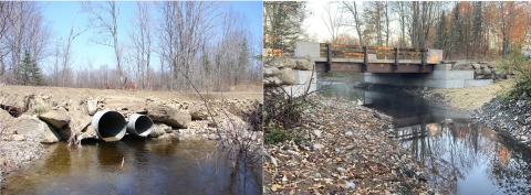 double hanging pipe culverts that are replaced by bridge over stream