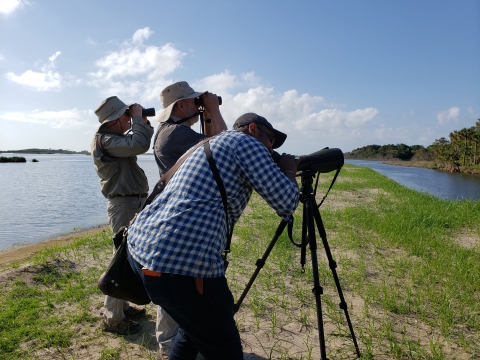 Three men, two with binoculars and one with spotting scope, are birding on a long grassy dike that intersects Jacks Ponddike