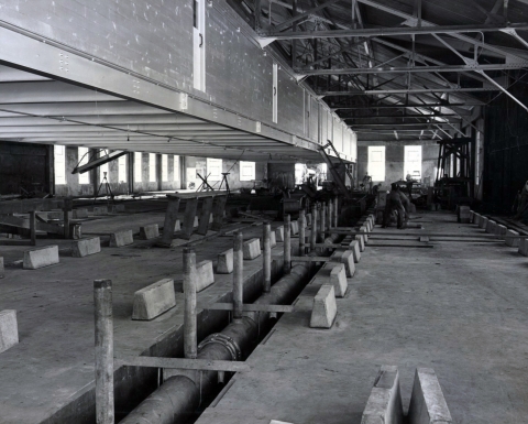 Black and white photo of construction of hatchery nursery in 1940.