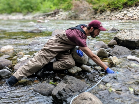 A man in waders, ballcap, and nitrile gloves holds an instrument in a river.
