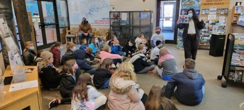 School group wearing masks visiting Wolf Creek National Fish Hatchery 