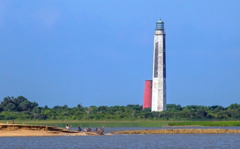 The 65 foot red conical lighthouse is shown next to the 154 foot white and black octagonal lighthouse on Lighthouse Island. Pelicans stand on a sandbar that is in front of Lighthouse Island. 