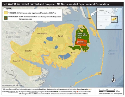 Current 5 county non-essential experimental population management area compared to the proposal.