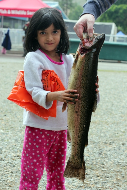 A smiling girl puts her hands around a trout held for her by an adult.