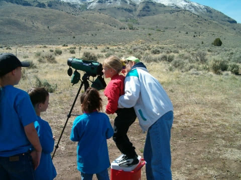 kids looking for wildlife through a spotting scope