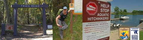 A three-image collage showing a trailhead, a hiker removing mud and vegetation from boots, and a sign next to a boat launch that says "Help Stop Aquatic Hitchhikers!"