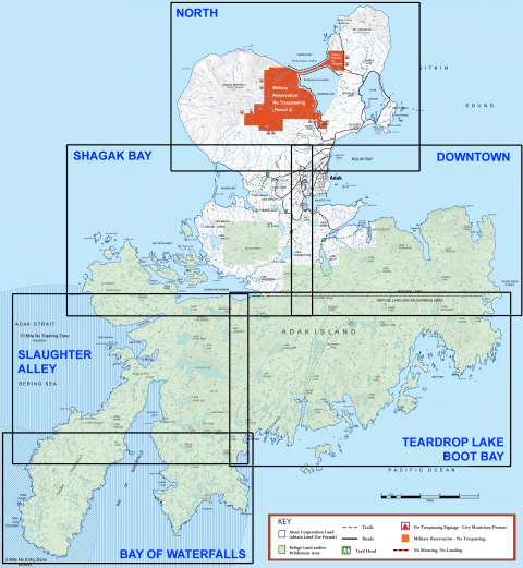 Map of Adak showing sub map locations