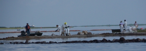 White-suited people collect samples on an oil-tarred beach.
