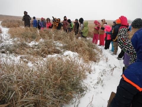 A teacher and a line of her students on a curved trail in the snowy prairie