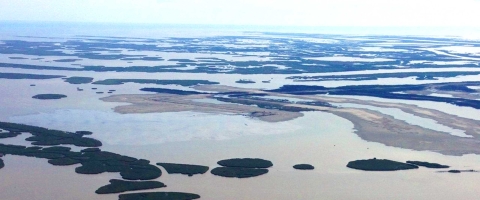 aerial view of marshy islands and sandbars