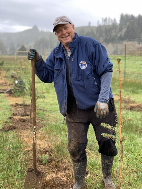 A volunteer at siletz bay plants trees