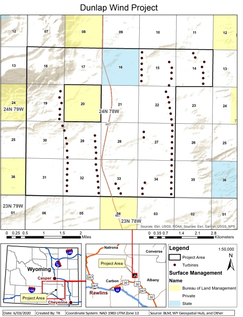 Map showing the location of the Dunlap Wind Project turbines located south of Casper, WY along state highway 487