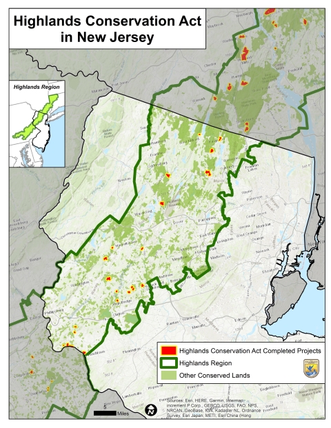 A map displays that the Highlands Region extends across much of New Jersey and identifies several areas of land that are conserved in perpetuity by the Highlands Conservation Act.