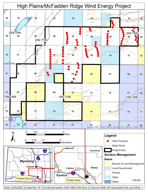 High Plains/McFadden Ridge Wind Energy project boundary, wind turbines, surface management, and section, township, and range