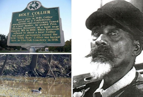 A three-image collage showing a grainy portrait of a 19th-century man, a historical sign, and a duck on water