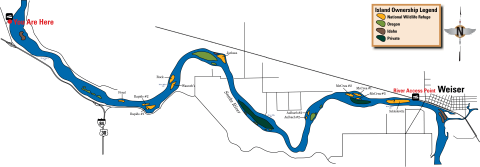 Map of stretch of the Snake River from Farewell Bend State Park upstream to Weiser. Islands are color-coded to indicate whether they are owned by Deer Flat National Wildlife Refuge, Oregon, Idaho, or a private entity.