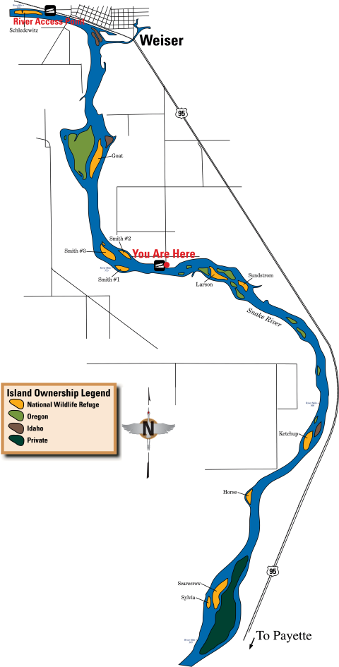 Map of stretch of the Snake River from Weiser upstream toward Payette showing Deer Flat National Wildlife Refuge islands, state of Idaho islands, and private islands.