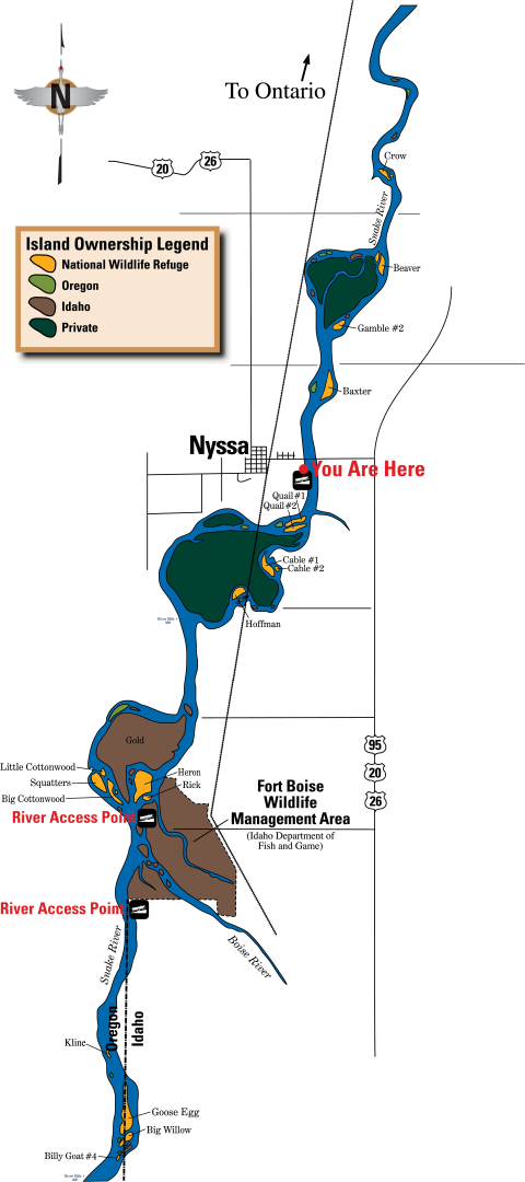 Map of stretch of the Snake River upstream and downstream of Nyssa, including the Fort Boise Wildlife Management Area, and showing Deer Flat National Wildlife Refuge islands, state of Idaho islands, and private islands.