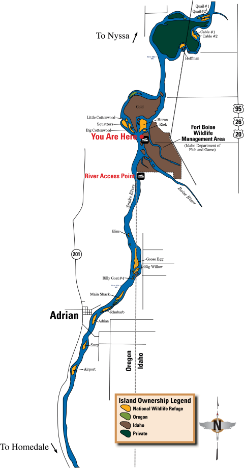 Map of stretch of the Snake River upstream and downstream of Nyssa showing Deer Flat National Wildlife Refuge islands, state of Idaho islands, and private islands.