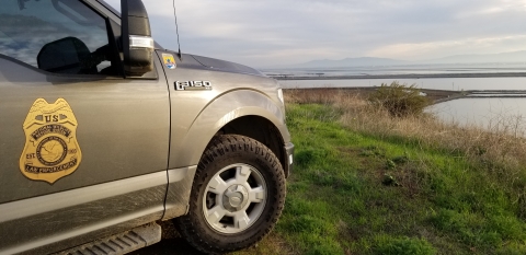 Wildlife Law Enforcement Officer truck parked overlooking a wetland