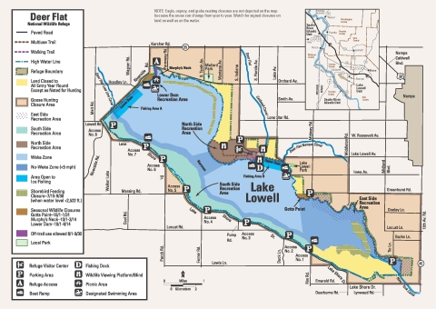 Map of Lake Lowell Unit of Deer Flat National Wildlife Refuge, including access points, recreational facilities, and closed areas. 