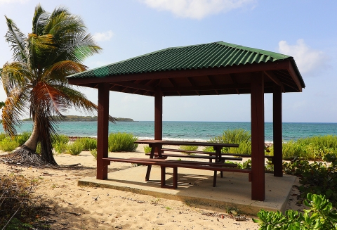 Picnic gazebo with table on the beach at Vieques National Wildlife Refuge