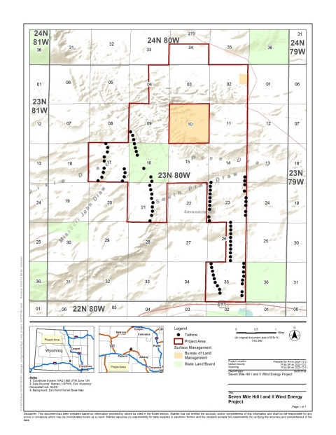 Seven Mile Hill wind energy project boundary, wind turbines, surface management, and section, township, and range