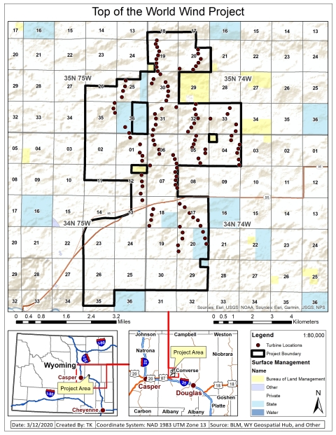 Top of the World wind energy project boundary, wind turbines, surface management, and section township and range