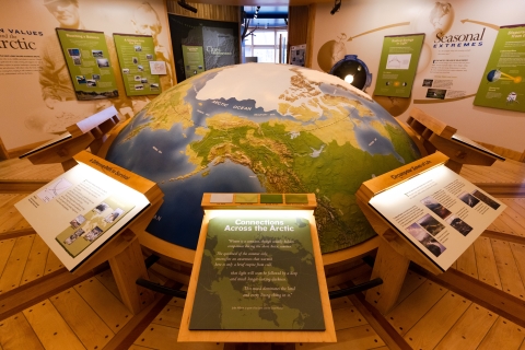 Interior of a visitor center with an arctic display