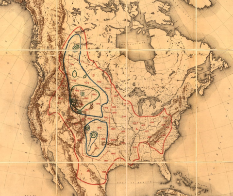 Map of North America shows areas of die-off and of systematic extermination of bison from 1840–1880. Red lines show herd range in 1854 spanning the continent from Canada’s Yukon Territory to Mexico, from Nevada to Virginia. Blue lines show herd range in 1876 in two pockets, one spanning from Texas to Nebraska and the other from Nebraska to the Yukon Territory. Green lines show range in 1883 show small pockets in Texas and Montana.