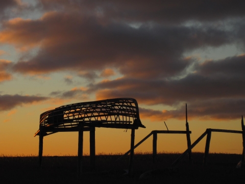 Shell of traditional walrus skin boat in sunset