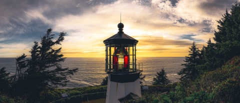 A view of the Cape Meares Lighthouse at Sunset
