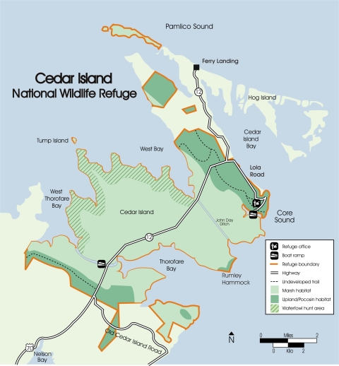 A map of Cedar Island National Wildlife Refuge, showing the waterfowl hunt area on the northwest side of Cedar Island